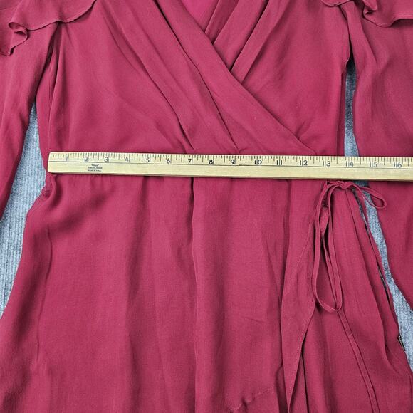 Greylin Dress Womens Medium Red Silk Wrap Ruffle Holiday Romantic Feminine Sheer - Picture 2 of 7